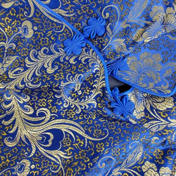 Hongdu Chinese Traditional Style Evening Dress Blue/Gold Floral High Slit - Picture 6 of 10